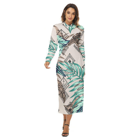 Ptahra B Light Beige/Green Leaf/Diamond Pattern Women's Hip Dress