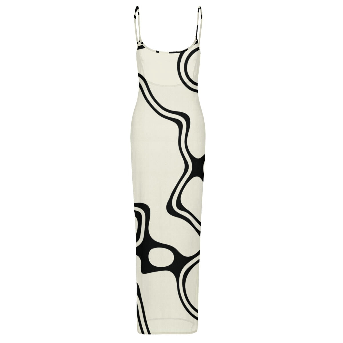 Ptahra B Women's Off White/Black Curvy Line Sheer Mesh Backless Spaghetti Strap Maxi Dress