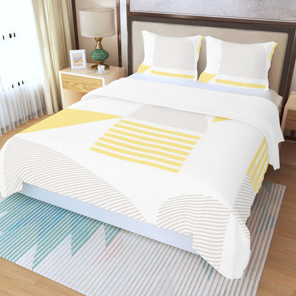 Ptahra White/Yellow/Grey line/Shapes Pattern Three Piece Duvet Bedding Set