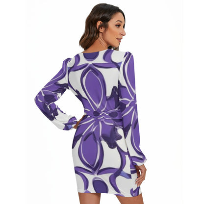 Ptahra B White/Purple Floral Women's Long Sleeve Dress with Waist Belt