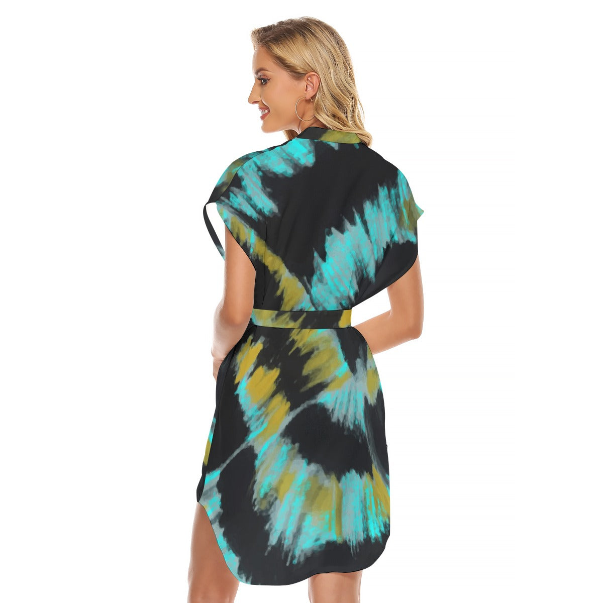 Ptahra B Women's Black/Turquoise with Mustard Yellow Stand-up Collar Casual Dress with Belt