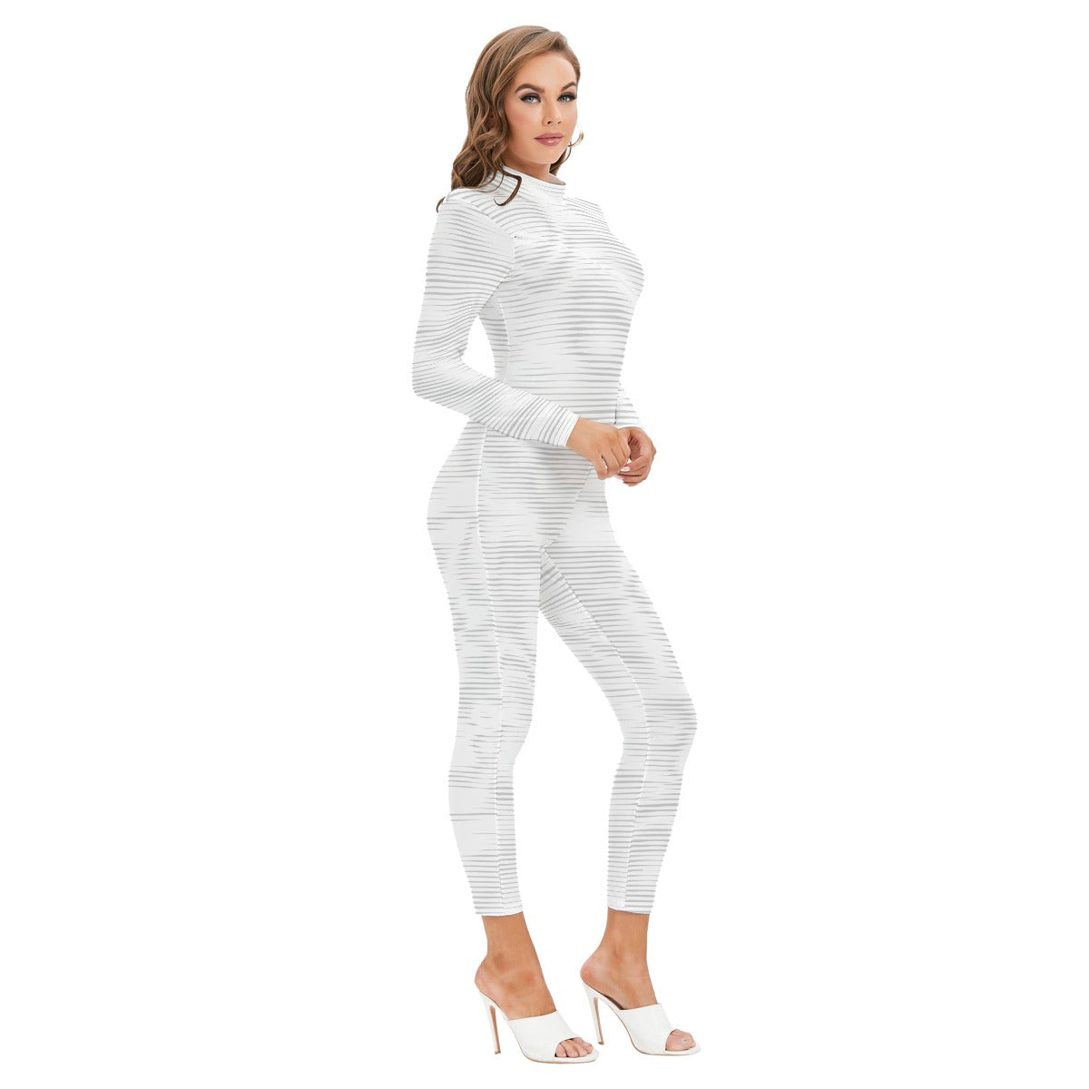 Ptahra B Women's White/Grey Design Long-sleeved High-neck Jumpsuit with Zipper