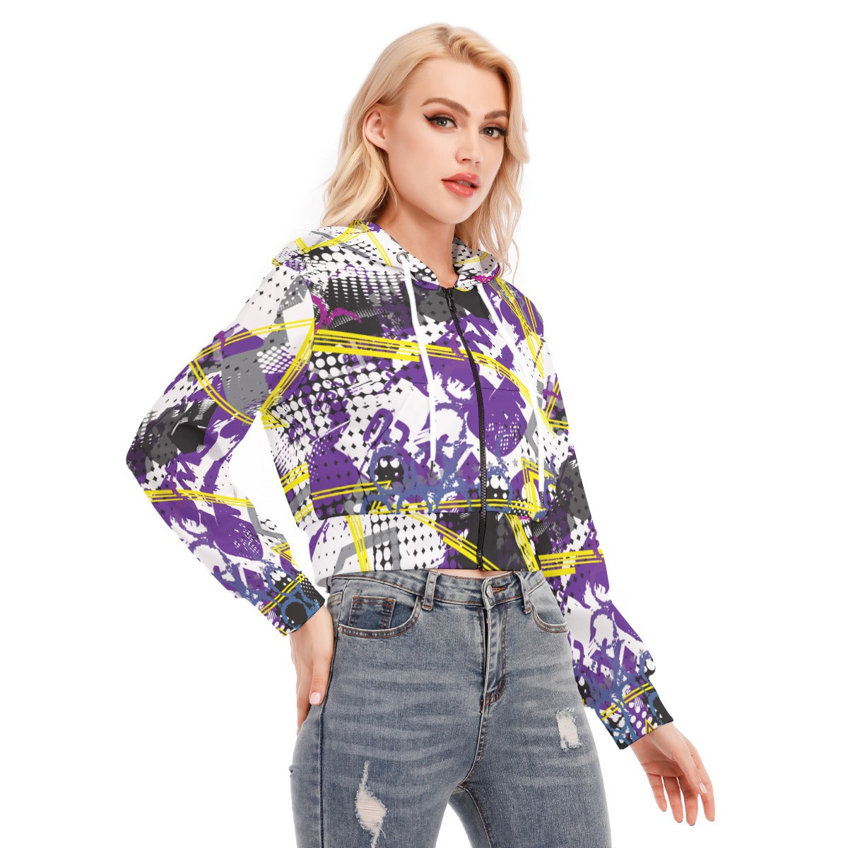 Ptahra B White/Black/Yellow/Purple Graphic Women's Crop Top Hoodie with Zipper Closure