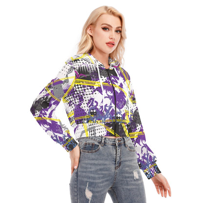Ptahra B White/Black/Yellow/Purple Graphic Women's Crop Top Hoodie with Zipper Closure