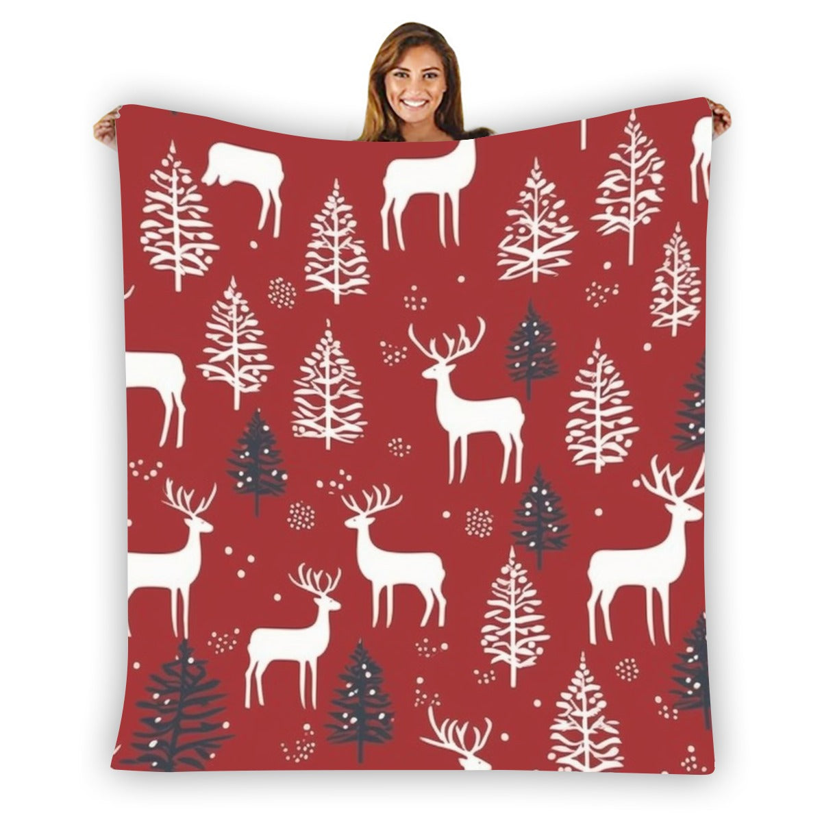 Ptahra Burgundy Red Christmas Deer Single-Side Flannel Blanket