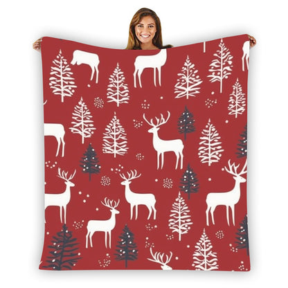 Ptahra Burgundy Red Christmas Deer Single-Side Flannel Blanket