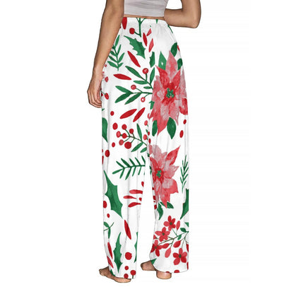 Ptahra Women's White/Green Leaf/Pink Floral Holiday Pajama Pants