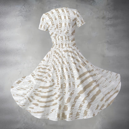 Ptahra Women's White/Light Brown Circle Line Pattern Short Sleeve V Neck Midi Dress