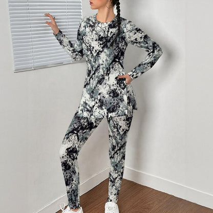 Ptahra B Women's Black/Grey/White Paint Pattern Side Split T-shirt Set