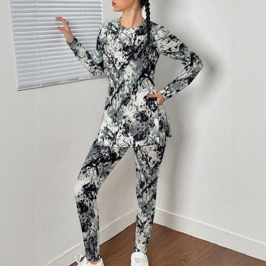 Ptahra B Women's Black/Grey/White Paint Pattern Side Split T-shirt Set