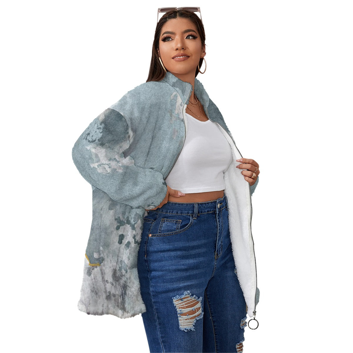 Ptahra B Multi-Grey Design Borg Fleece Stand-up Collar Coat With Zipper Closure (Plus Size)