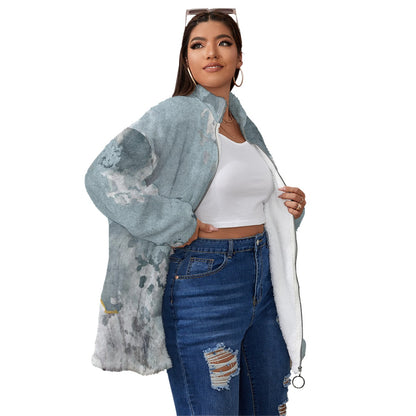 Ptahra B Multi-Grey Design Borg Fleece Stand-up Collar Coat With Zipper Closure (Plus Size)