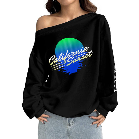Women's Off-Shoulder Black "California Sunset" Sweatshirt with Micro-Fleece Lining