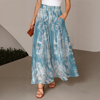 Ptahra Women's White/Baby Blue Art Ruffled Wide-Leg Pants