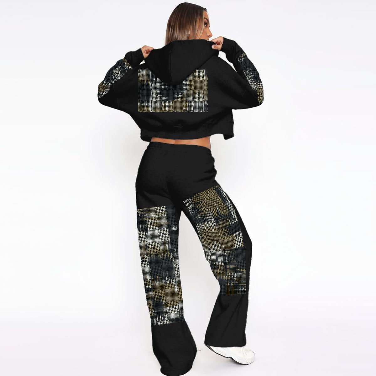 Ptahra Women’s Black/Multi-Pattern Streetwear Tracksuit With Fleece