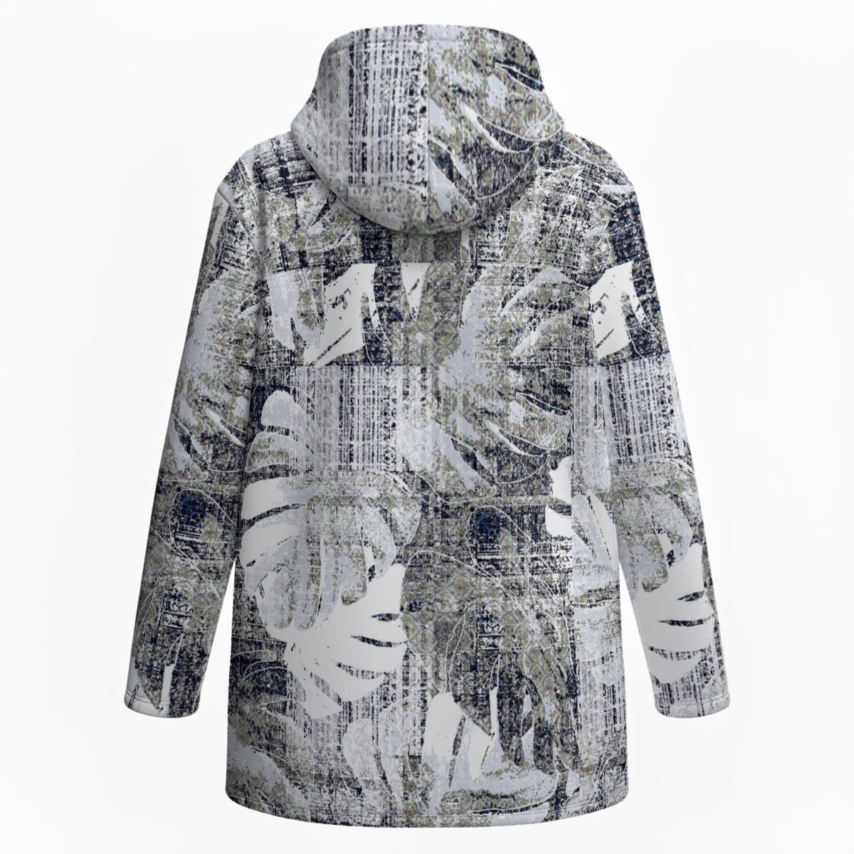 Ptahra Women’s Navy Blue/Grey/White Leaf Floral Plush Lined Hoodie Jacket