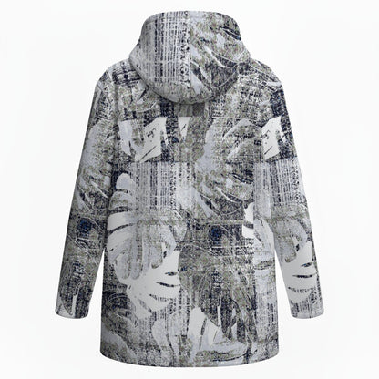 Ptahra Women’s Navy Blue/Grey/White Leaf Floral Plush Lined Hoodie Jacket