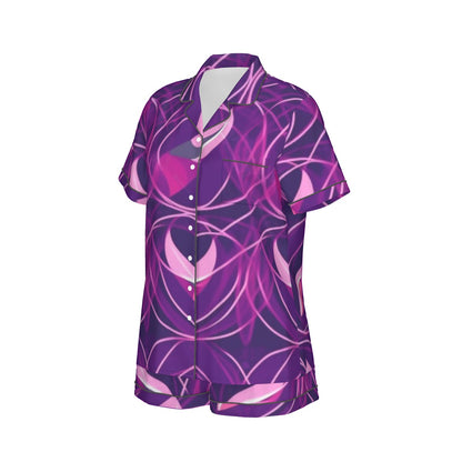 Ptahra B Purple Design Women's Imitation Silk Pajama Set With Short Sleeve