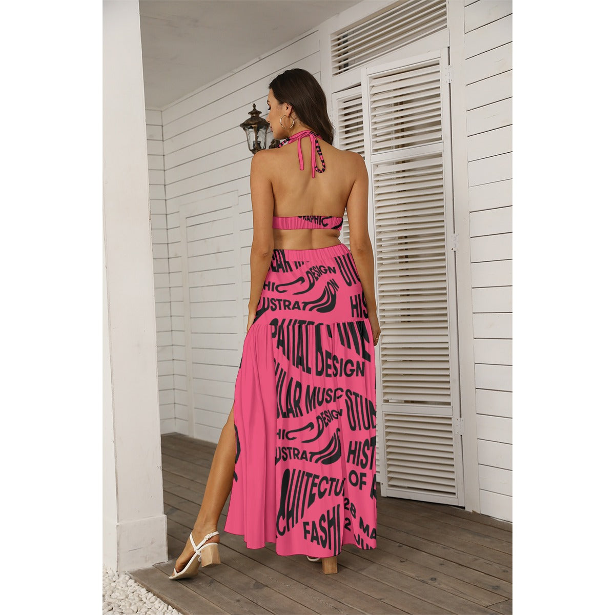 Ptahra B Women's Pink/Black Line Pattern Tie Back Wrap Dress