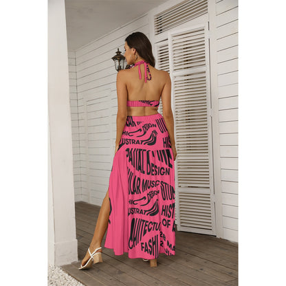 Ptahra B Women's Pink/Black Line Pattern Tie Back Wrap Dress