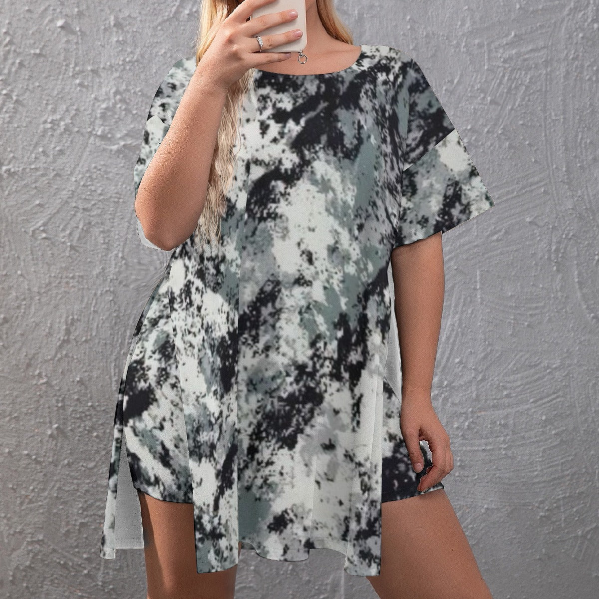 Ptahra B Women's Black Grey Tye-Dye Style Drop-Shoulder T-Shirt with Side Split and Shorts