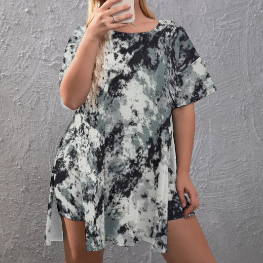 Ptahra B Women's Black Grey Tye-Dye Style Drop-Shoulder T-Shirt with Side Split and Shorts