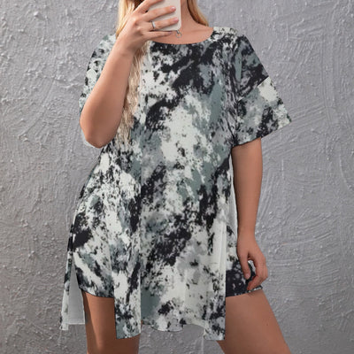 Ptahra B Women's Black Grey Tye-Dye Style Drop-Shoulder T-Shirt with Side Split and Shorts