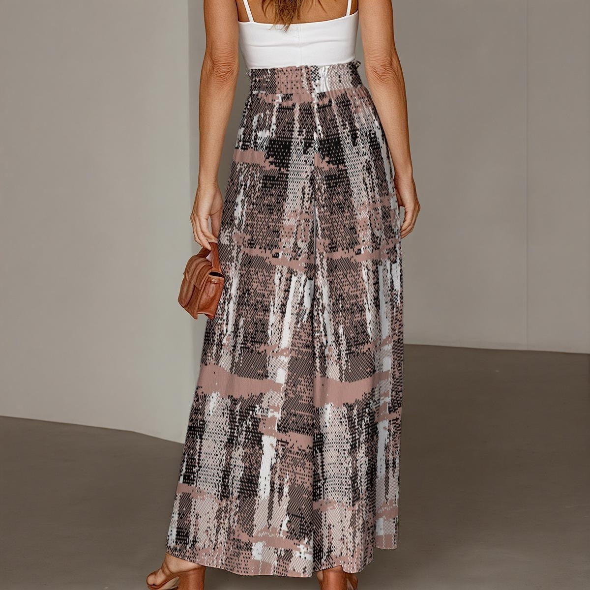 Ptahra Women's Brown/Black/White Multi Pattern Ruffled Wide-Leg Pants