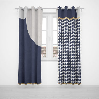 Ptahra B Light Grey/Navy Blue Grommet Curtains