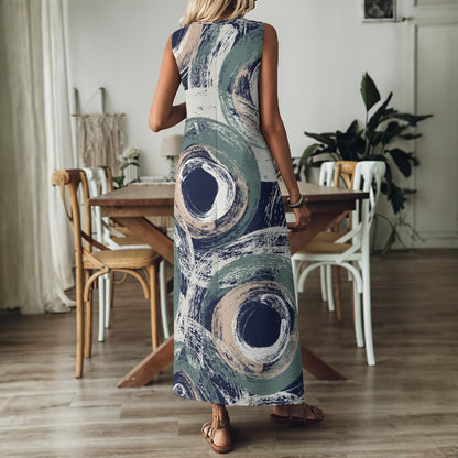 Ptahra Women's Multi-Color Artistic Design V-Neck Long Dress