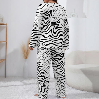 Ptahra Women’s White/Black Squiggly Line Pattern Loungewear Set