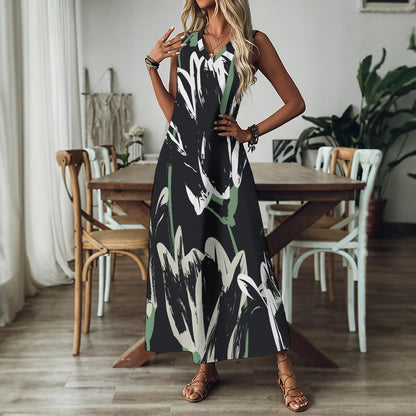 Ptahra Women's Black/White Tulip V-Neck Long Dress