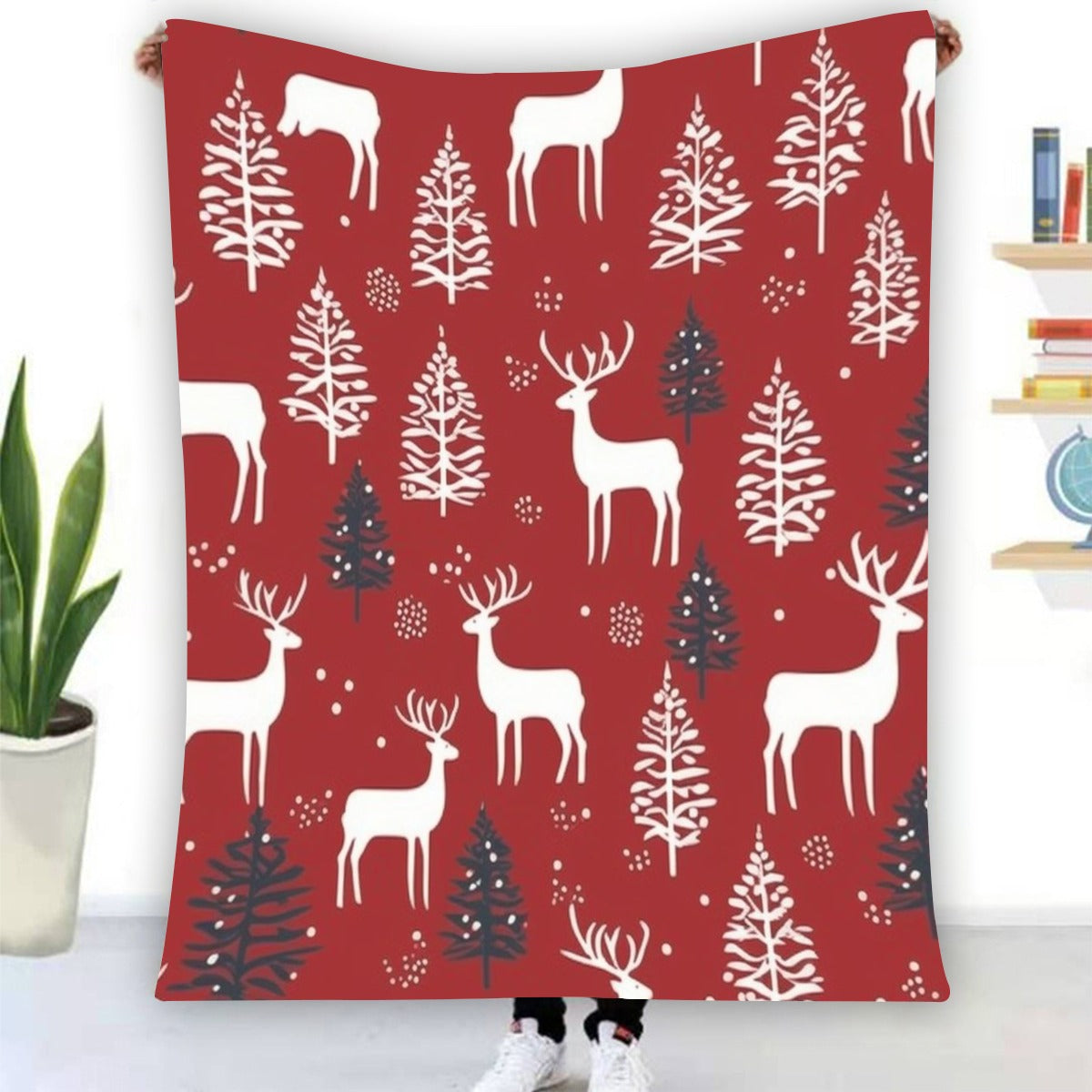 Ptahra Burgundy Red Christmas Deer Single-Side Flannel Blanket