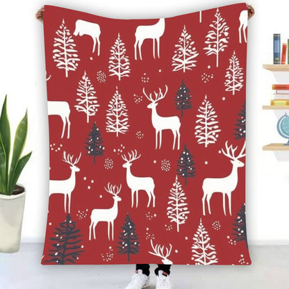 Ptahra Burgundy Red Christmas Deer Single-Side Flannel Blanket