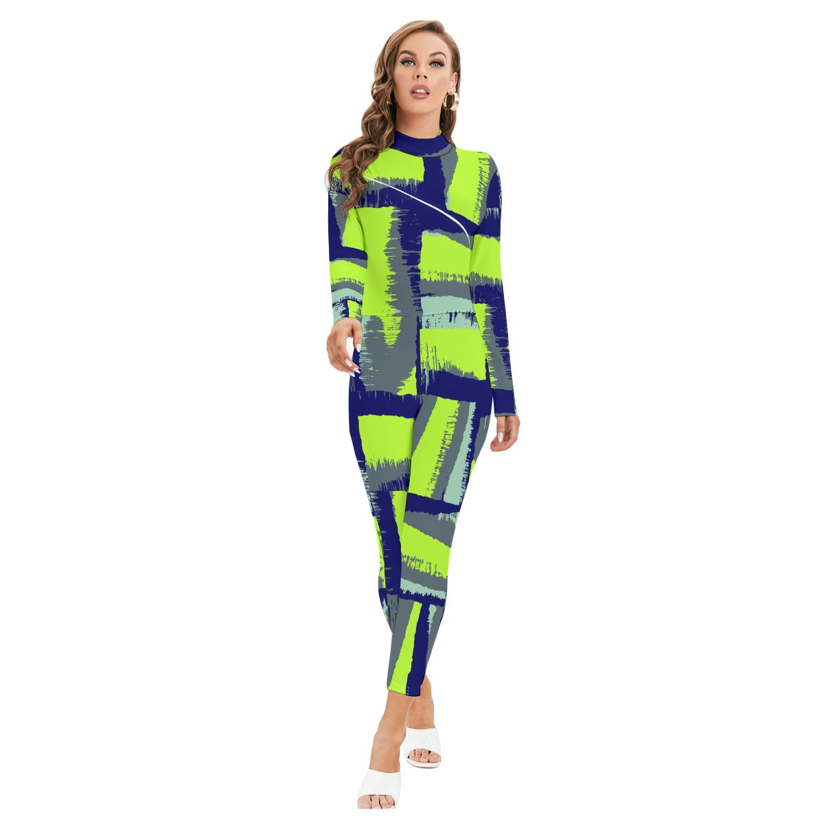 Ptahra B Women's Navy Blue/Grey/Lime Green Long-sleeved High-neck Jumpsuit with Zipper