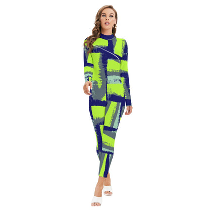 Ptahra B Women's Navy Blue/Grey/Lime Green Long-sleeved High-neck Jumpsuit with Zipper