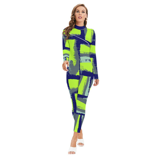 Ptahra B Women's Navy Blue/Grey/Lime Green Long-sleeved High-neck Jumpsuit with Zipper