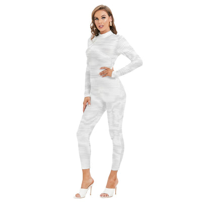 Ptahra B Women's White/Grey Design Long-sleeved High-neck Jumpsuit with Zipper