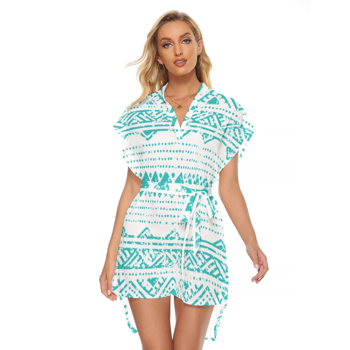 Ptahra B Women's White/Turquoise Pyramid Style Stand-up Collar Casual Dress With Belt