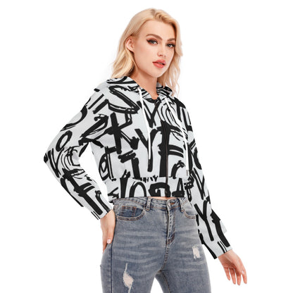 Ptahra B Women's White/Black Lettering Pattern Crop Top Hoodie with Zipper Closure