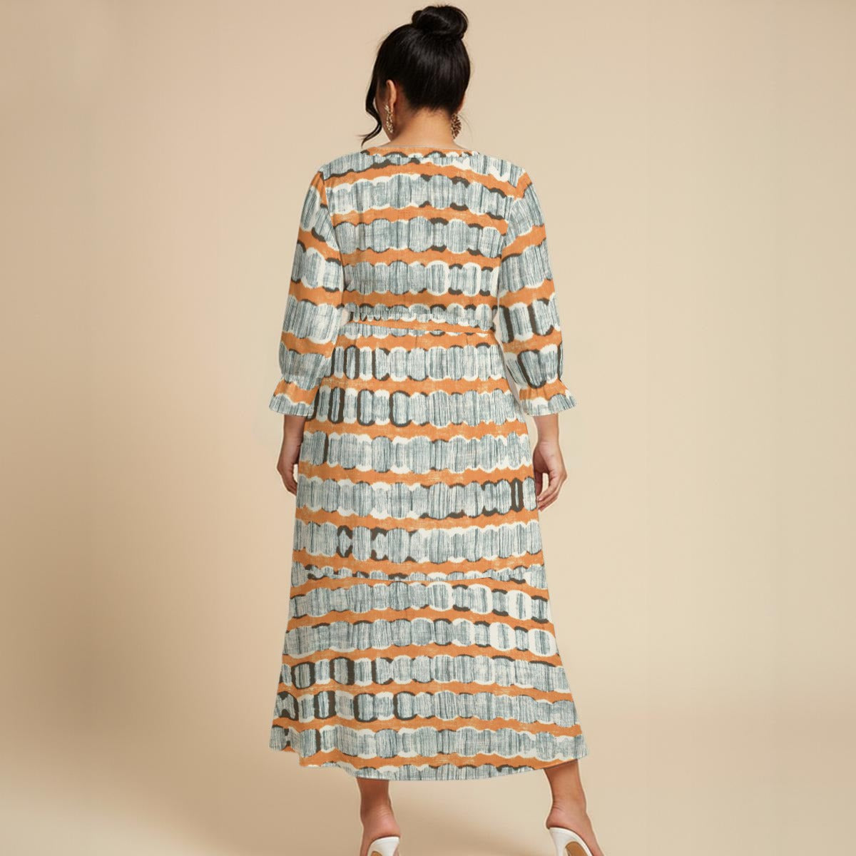 Ptahra Women’s Grey/Orange Multi-Line Pattern Maxi Dress