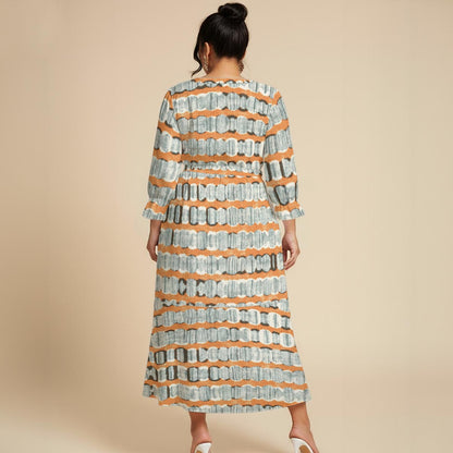 Ptahra Women’s Grey/Orange Multi-Line Pattern Maxi Dress