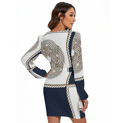 Ptahra B Navy Blue/white/Rope Pattern Women's Long Sleeve Dress With Waist Belt