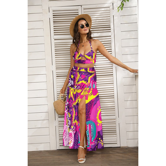 Ptahra B Women's Bright Purple/Yellow/Multi-Color/Graphic Tie Back Wrap Dress