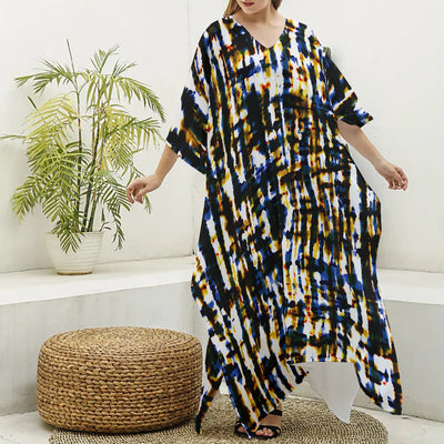 Ptahra B Women's Muti-Color Dye Imitation Silk V-neck Kaftan Robe