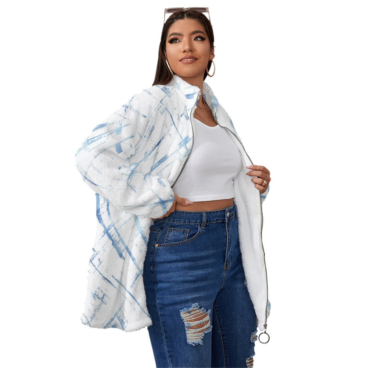 Ptahra B White/Blue Line Pattern Borg Fleece Stand-up Collar Coat with Zipper ClosPlus Size)