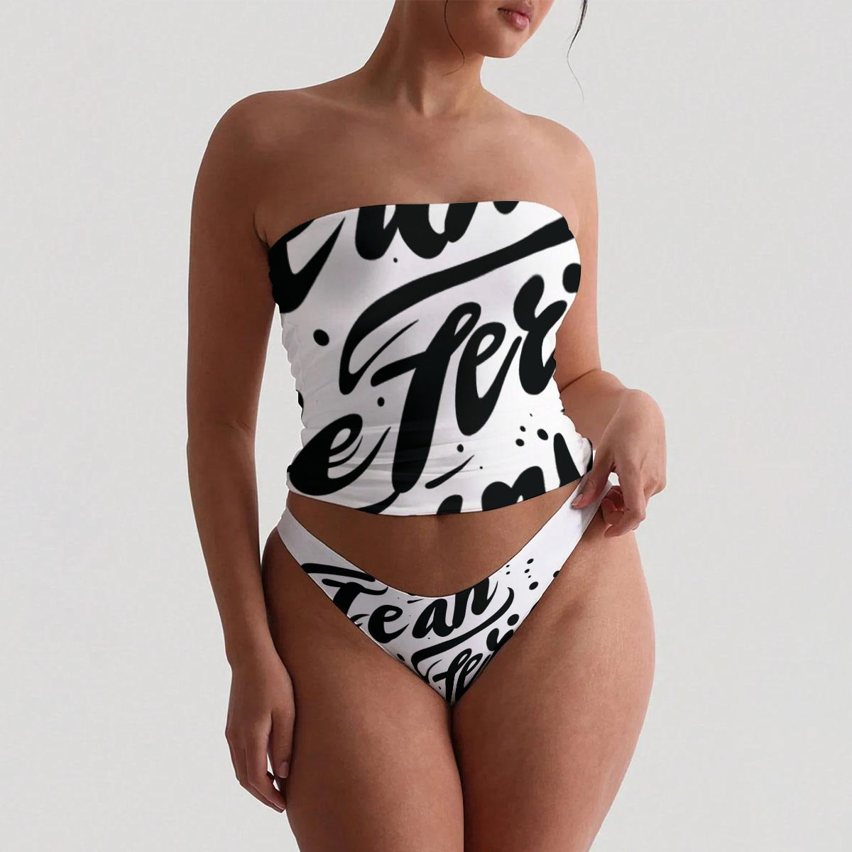 Ptahra Women's White/Black Art Lettering Strapless Tube Top Set