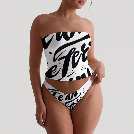 Ptahra Women's White/Black Art Lettering Strapless Tube Top Set