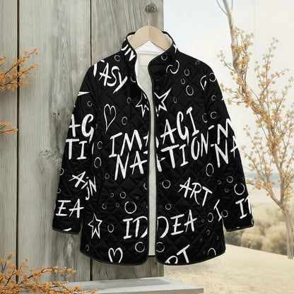 Ptahra Women's Black/White Lettering Quilted Jacket with Side Slits