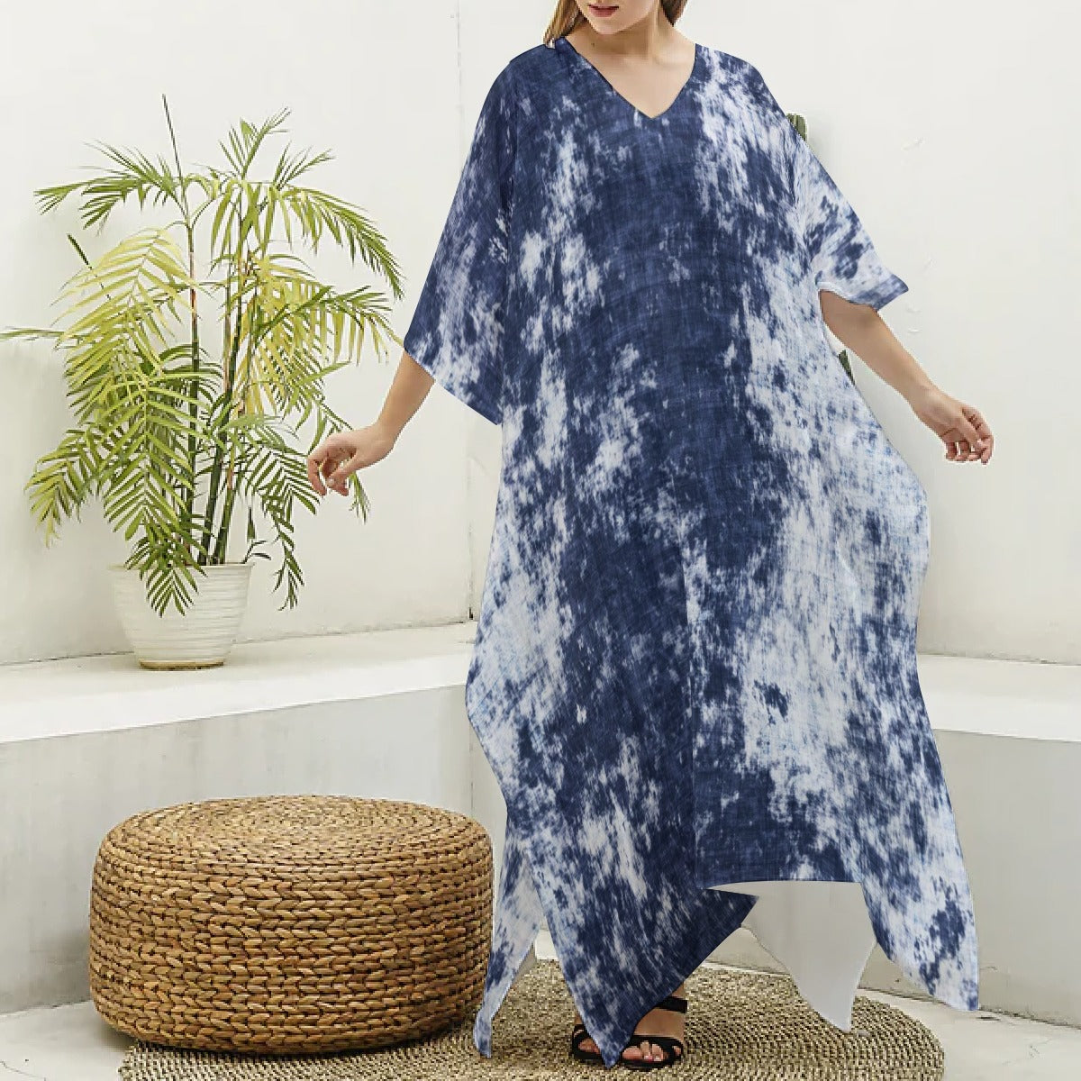 Ptahra B Women's Blue Tye Dye Style Imitation Silk V-neck Kaftan Robe